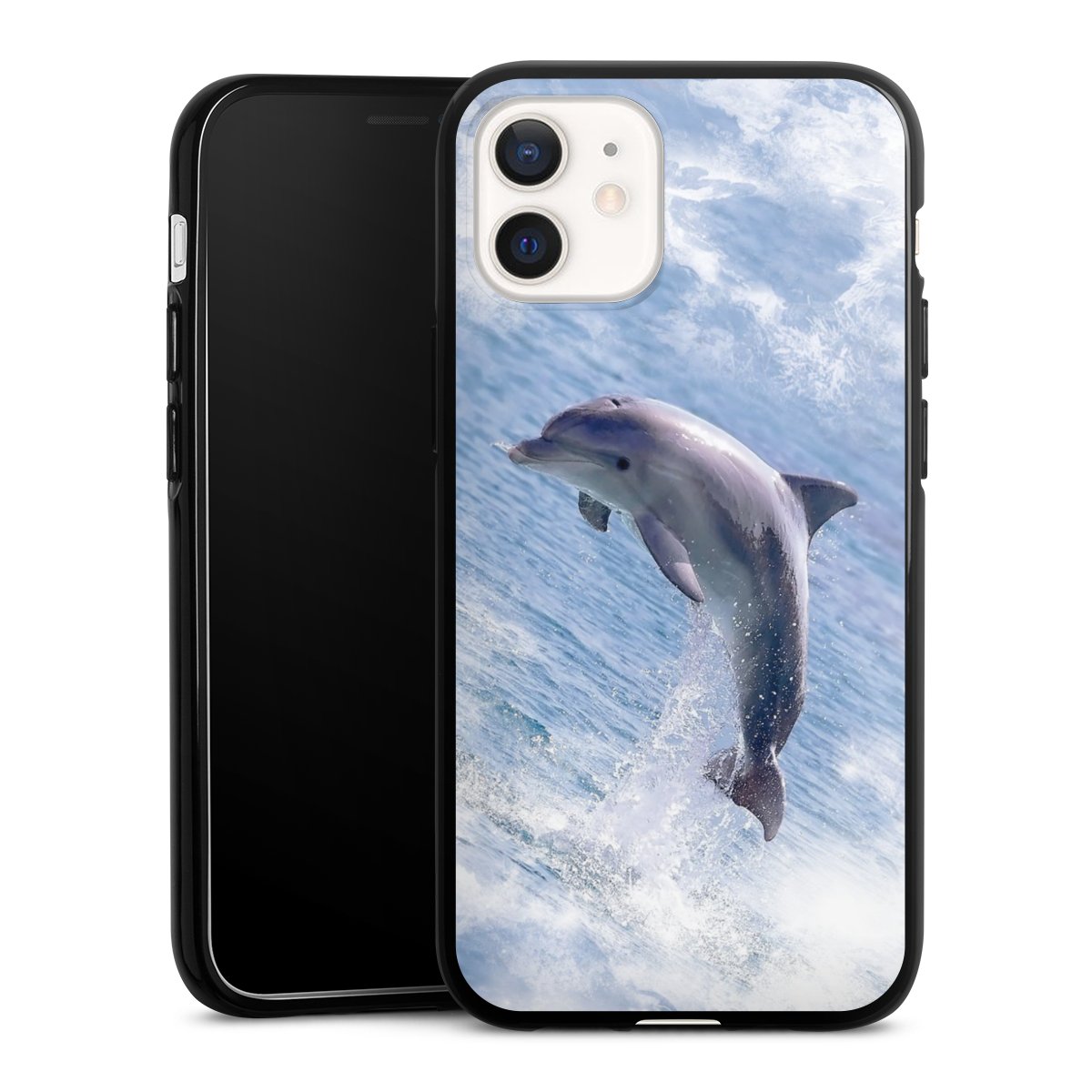 iPhone 12 mini Handy Silikon Hülle Case schwarz Handyhülle Dolphin Ocean Wale