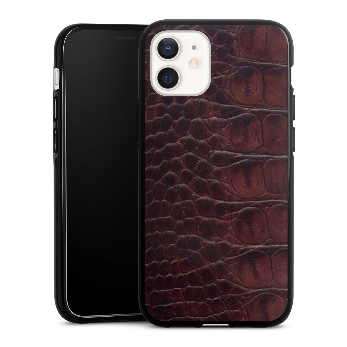 iPhone 12 mini Handy Silikon Hülle Case schwarz Handyhülle Crocodile Animal Print Leather