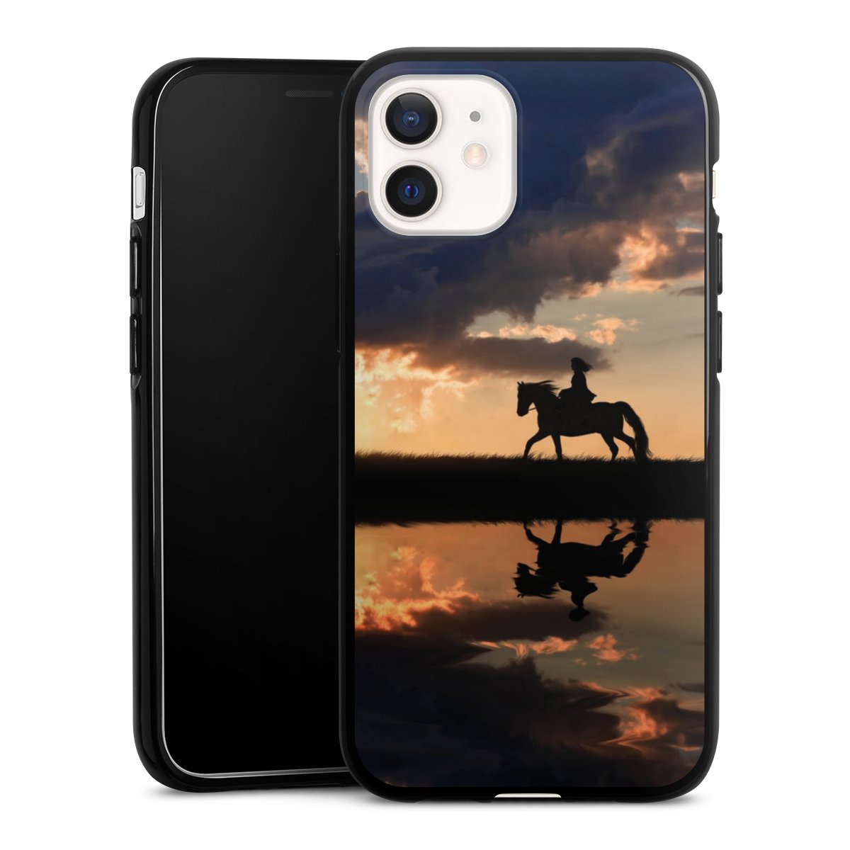 iPhone 12 mini Handy Silikon Hülle Case schwarz Handyhülle Horse Sunset Horseback Riding