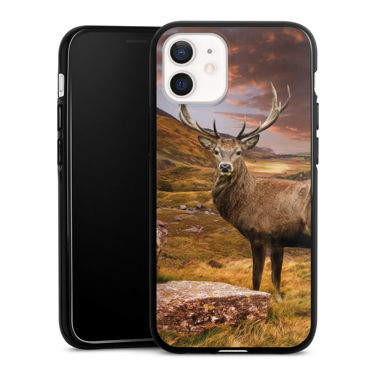 iPhone 12 mini Handy Silikon Hülle Case schwarz Handyhülle Meadow Mountain Deer