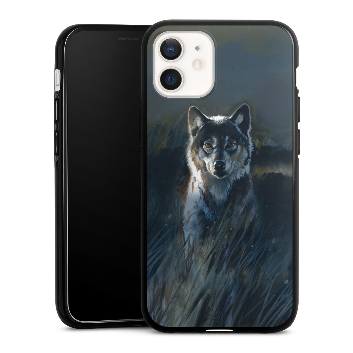 iPhone 12 mini Handy Silikon Hülle Case schwarz Handyhülle Nature Wolf Painting