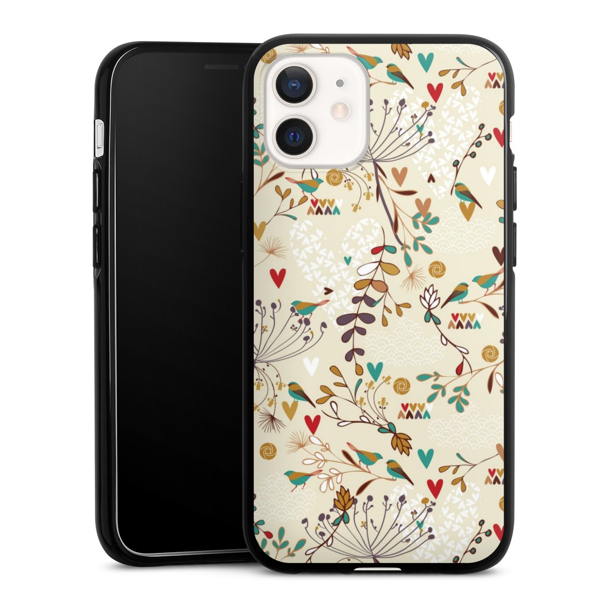 iPhone 12 mini Handy Silikon Hülle Case schwarz Handyhülle Bird Flowers Retro