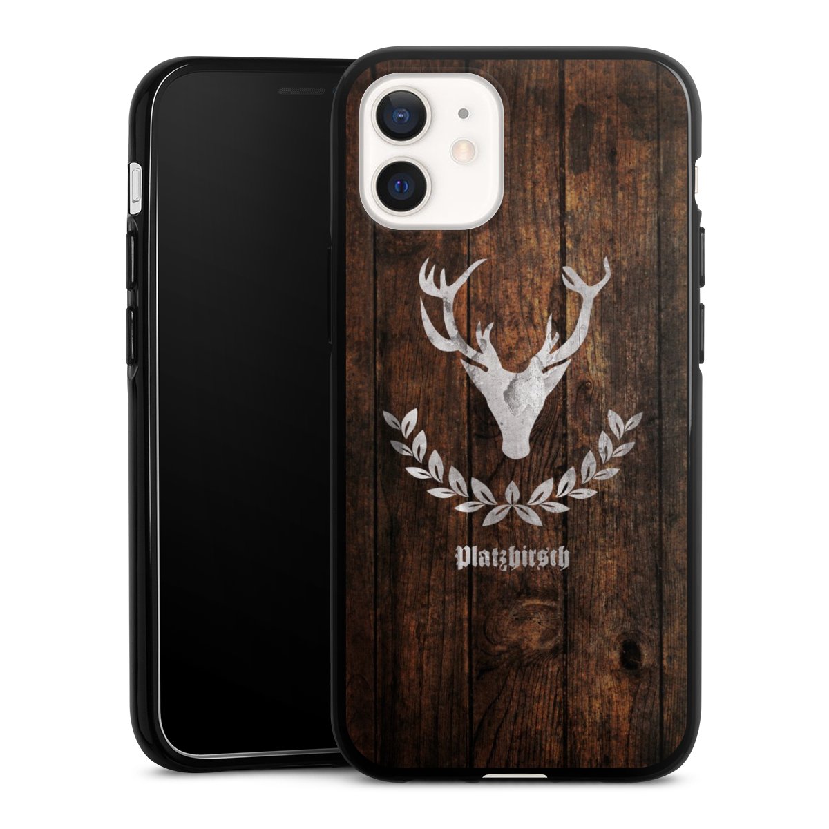 iPhone 12 mini Handy Silikon Hülle Case schwarz Handyhülle Deer Wood Wooden Look