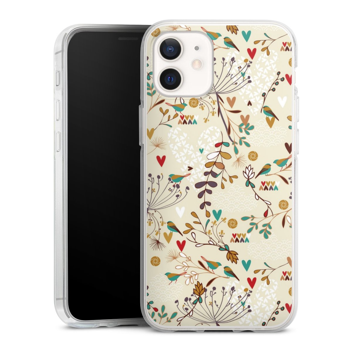 iPhone 12 mini Handy Silikon Hülle Case transparent Handyhülle Bird Flowers Retro Silikon Case