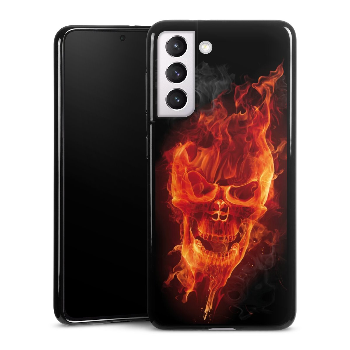 Galaxy S21 5G Handy Silikon Hülle Case schwarz Handyhülle Totenkopf Skull Fire