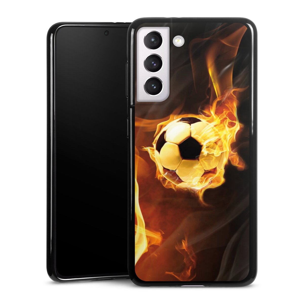 Galaxy S21 5G Handy Silikon Hülle Case schwarz Handyhülle Ball Fire Soccer