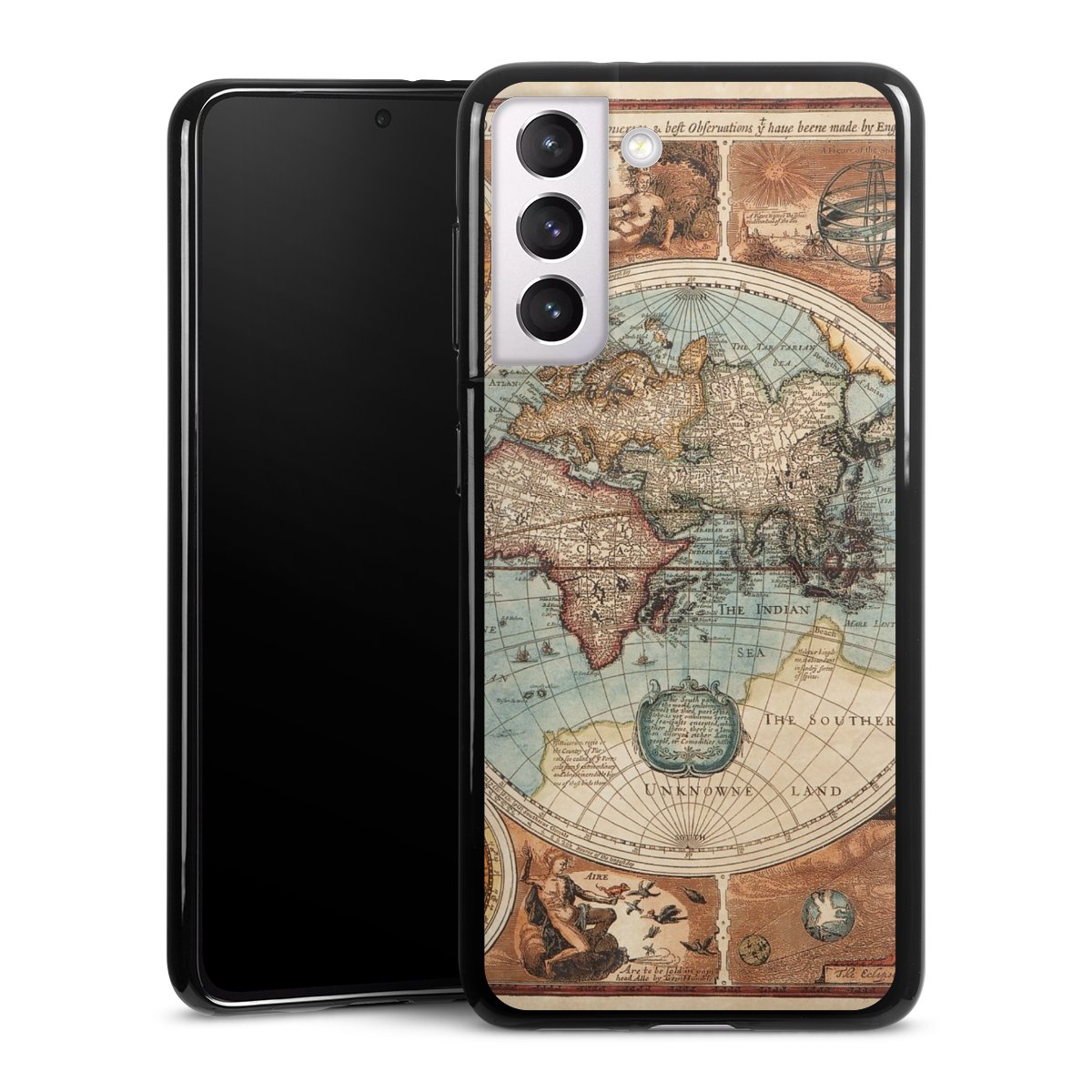 Galaxy S21 5G Handy Silikon Hülle Case schwarz Handyhülle World Map Vintage Map