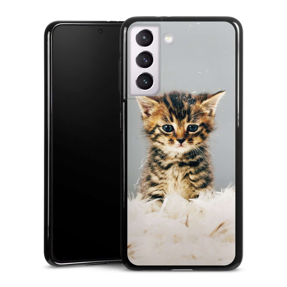 Galaxy S21 5G Handy Silikon Hülle Case schwarz Handyhülle Cat Feather Pet