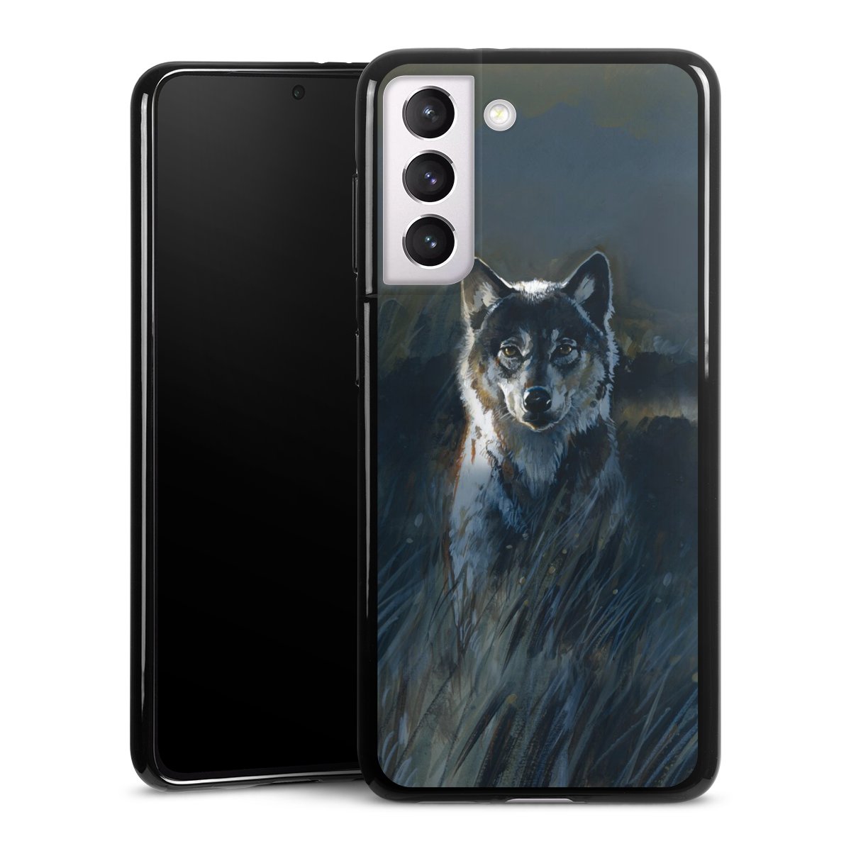 Galaxy S21 5G Handy Silikon Hülle Case schwarz Handyhülle Nature Wolf Painting