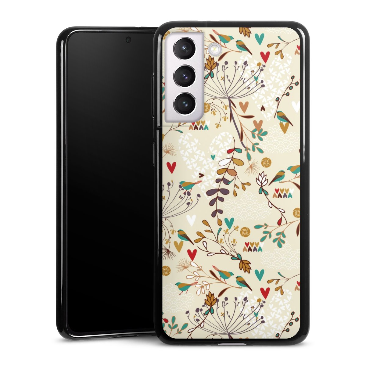 Galaxy S21 5G Handy Silikon Hülle Case schwarz Handyhülle Bird Flowers Retro