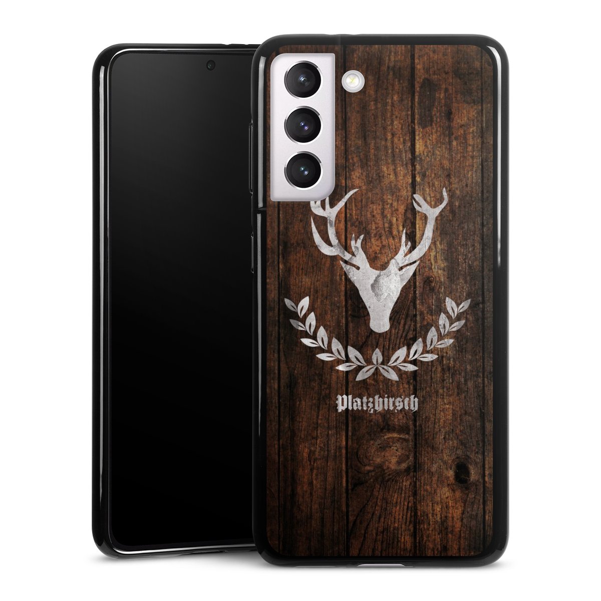 Galaxy S21 5G Handy Silikon Hülle Case schwarz Handyhülle Deer Wood Wooden Look