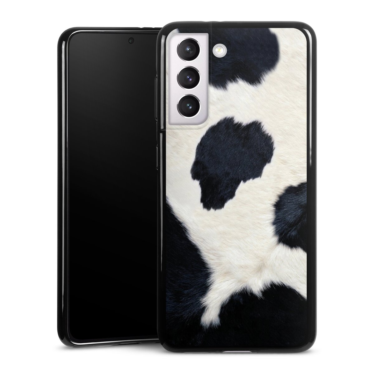 Galaxy S21 5G Handy Silikon Hülle Case schwarz Handyhülle Animal Look Animal Print Cow Skin