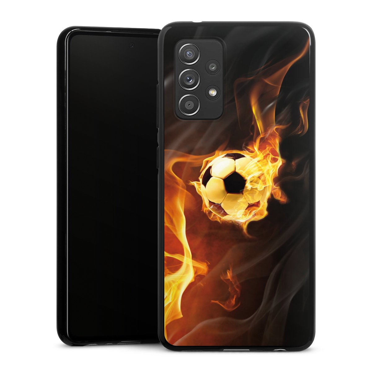 Galaxy A52 Handy Silikon Hülle Case schwarz Handyhülle Ball Fire Soccer