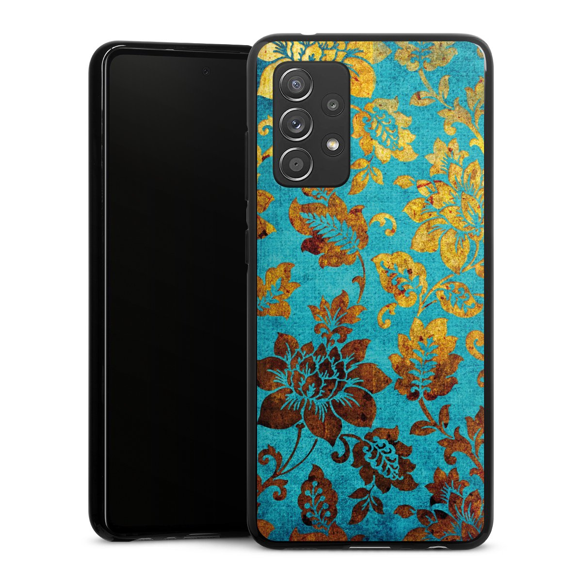 Galaxy A52 Handy Silikon Hülle Case schwarz Handyhülle Ornament Vintage Flowers