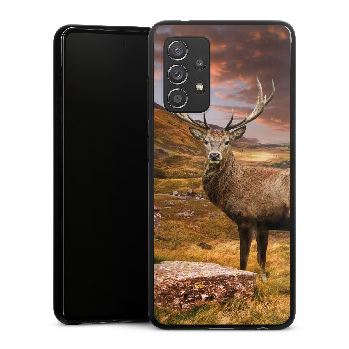 Galaxy A52 Handy Silikon Hülle Case schwarz Handyhülle Meadow Mountain Deer