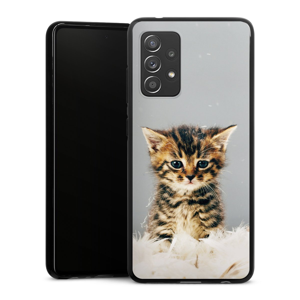 Galaxy A52 Handy Silikon Hülle Case schwarz Handyhülle Cat Feather Pet