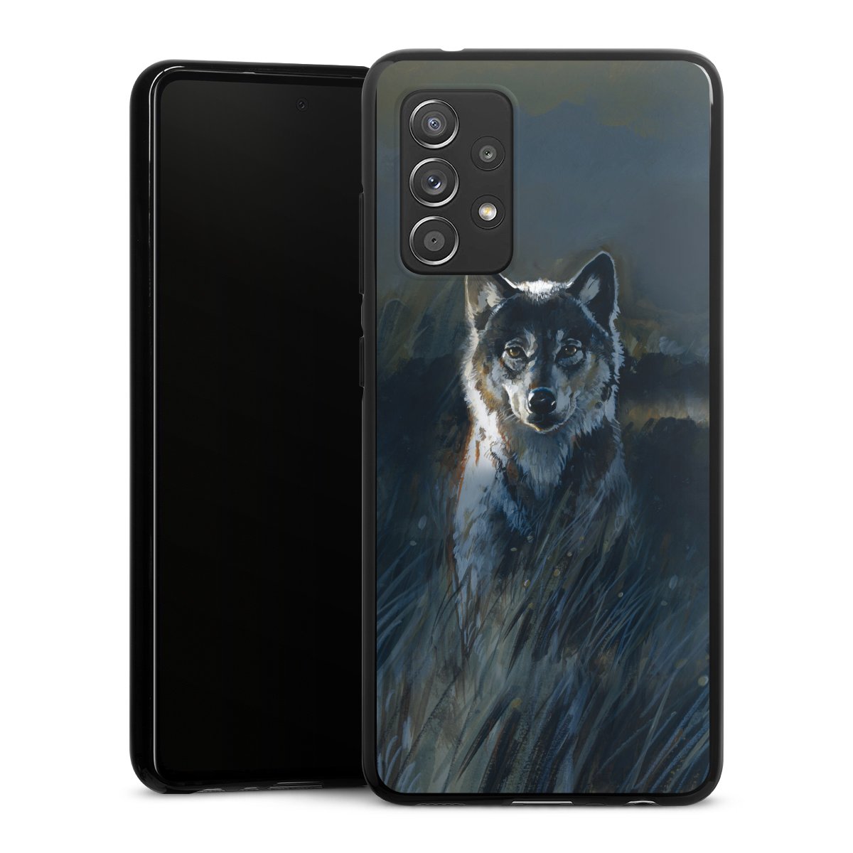 Galaxy A52 Handy Silikon Hülle Case schwarz Handyhülle Nature Wolf Painting