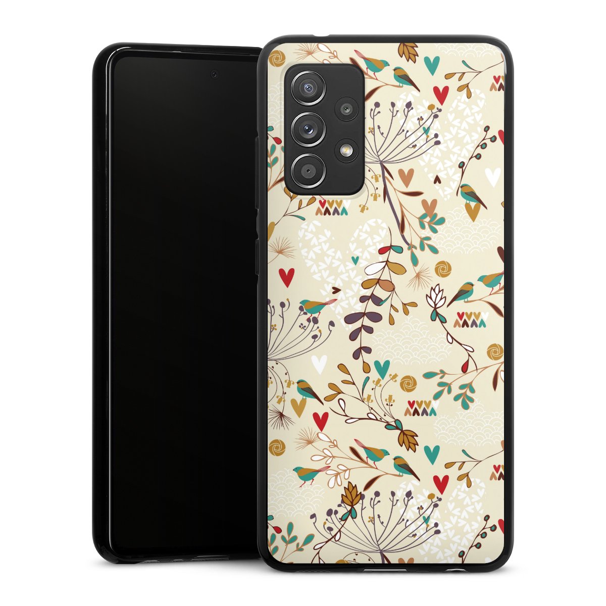 Galaxy A52 Handy Silikon Hülle Case schwarz Handyhülle Bird Flowers Retro