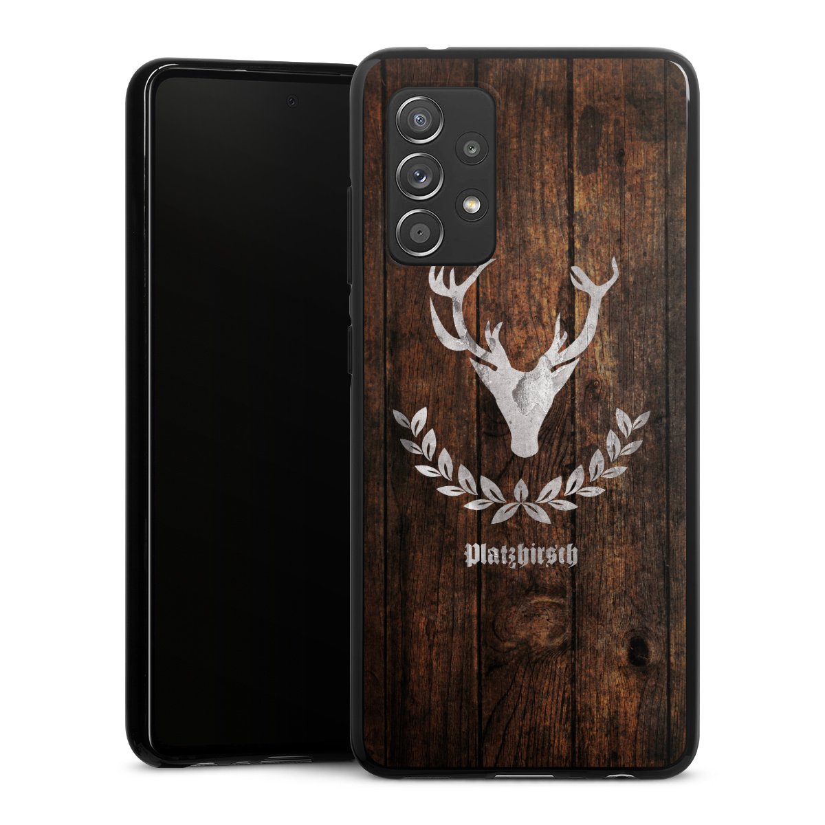 Galaxy A52 Handy Silikon Hülle Case schwarz Handyhülle Deer Wood Wooden Look