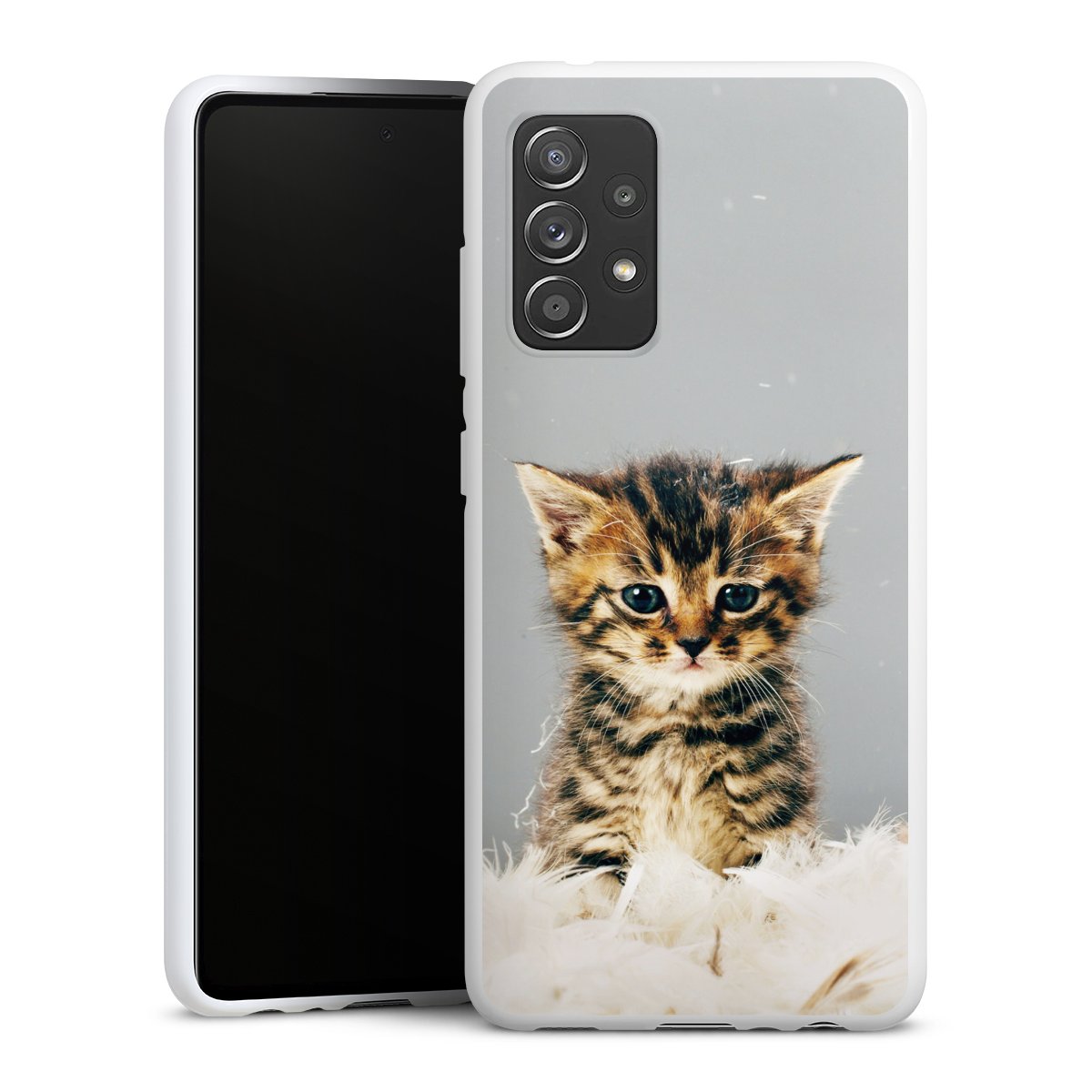 Galaxy A52 5G Handy Silikon Hülle Case weiß Handyhülle Cat Feather Pet Silikon Case