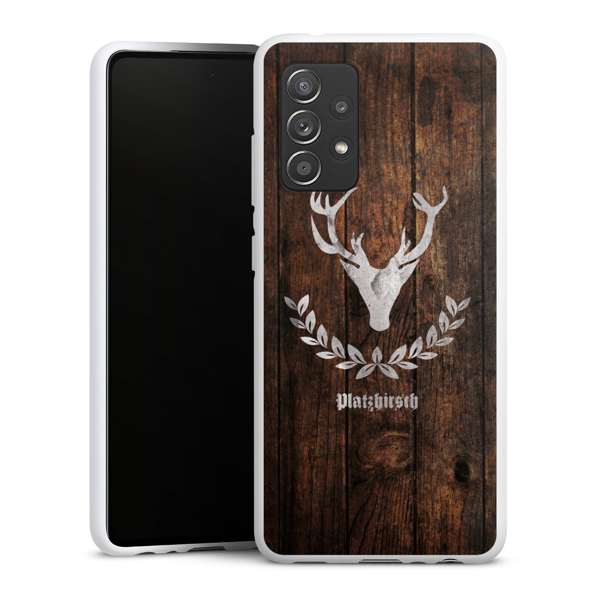 Galaxy A52 5G Handy Silikon Hülle Case weiß Handyhülle Wooden Look Deer Wood Silikon Case