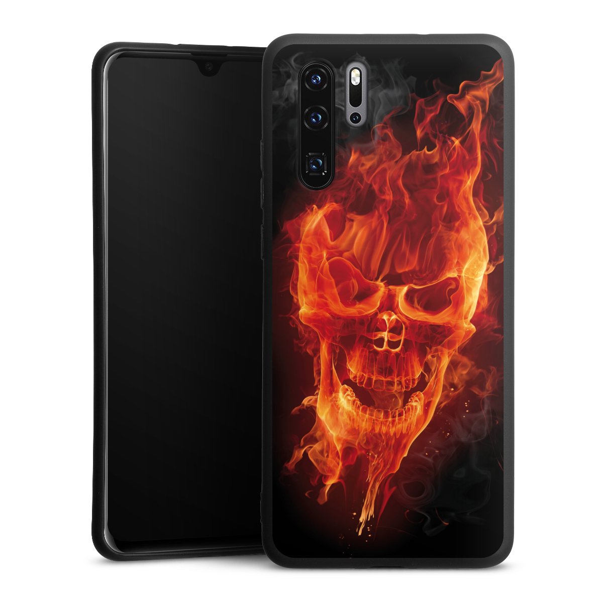 Huawei P30 Pro Handy Premium Silikon Hülle Handyhülle schwarz Case Totenkopf Skull Fire Silikon Premium Case