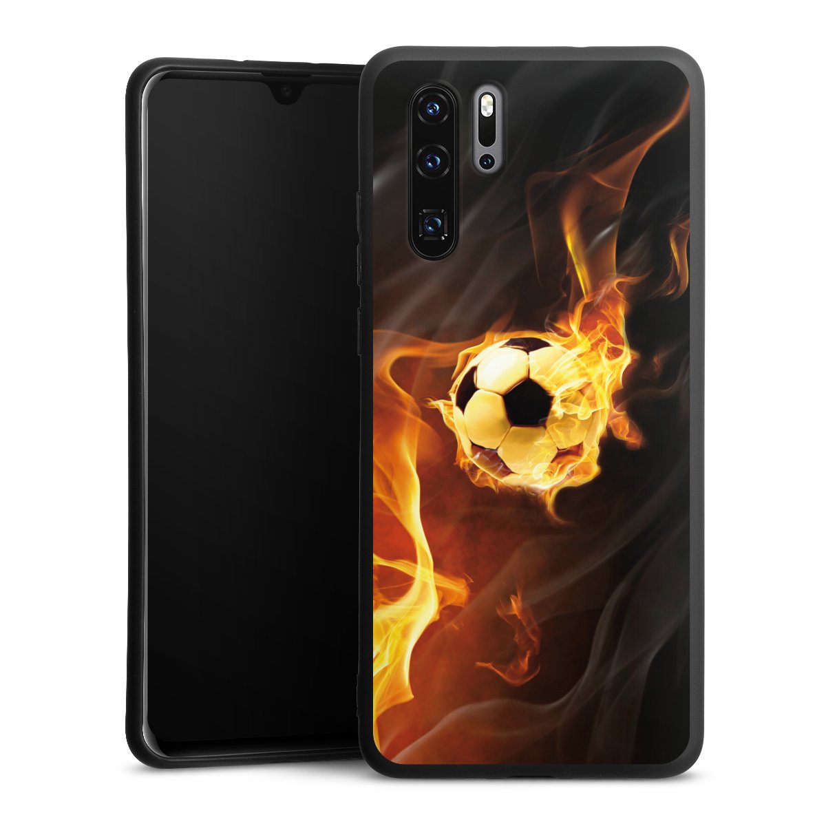 Huawei P30 Pro Handy Premium Silikon Hülle Handyhülle schwarz Case Ball Fire Soccer Silikon Premium Case