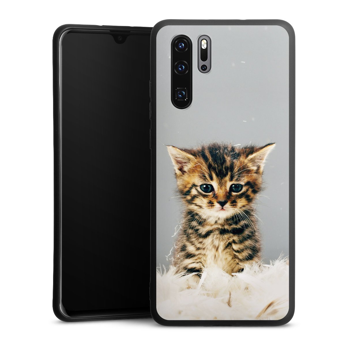 Huawei P30 Pro Handy Premium Silikon Hülle Handyhülle schwarz Case Cat Feather Pet Silikon Premium Case