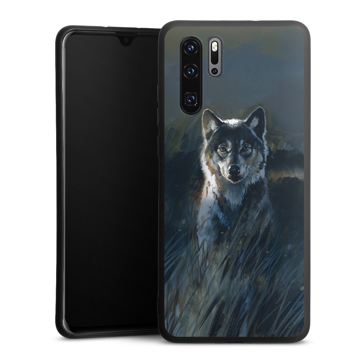 Huawei P30 Pro Handy Premium Silikon Hülle Handyhülle schwarz Case Nature Wolf Painting Silikon Premium Case