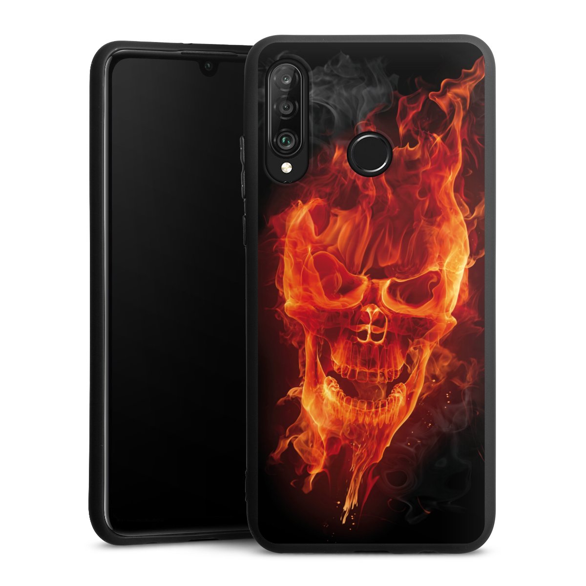 Huawei P30 Lite Handy Premium Silikon Hülle Handyhülle schwarz Case Totenkopf Skull Fire Silikon Premium Case