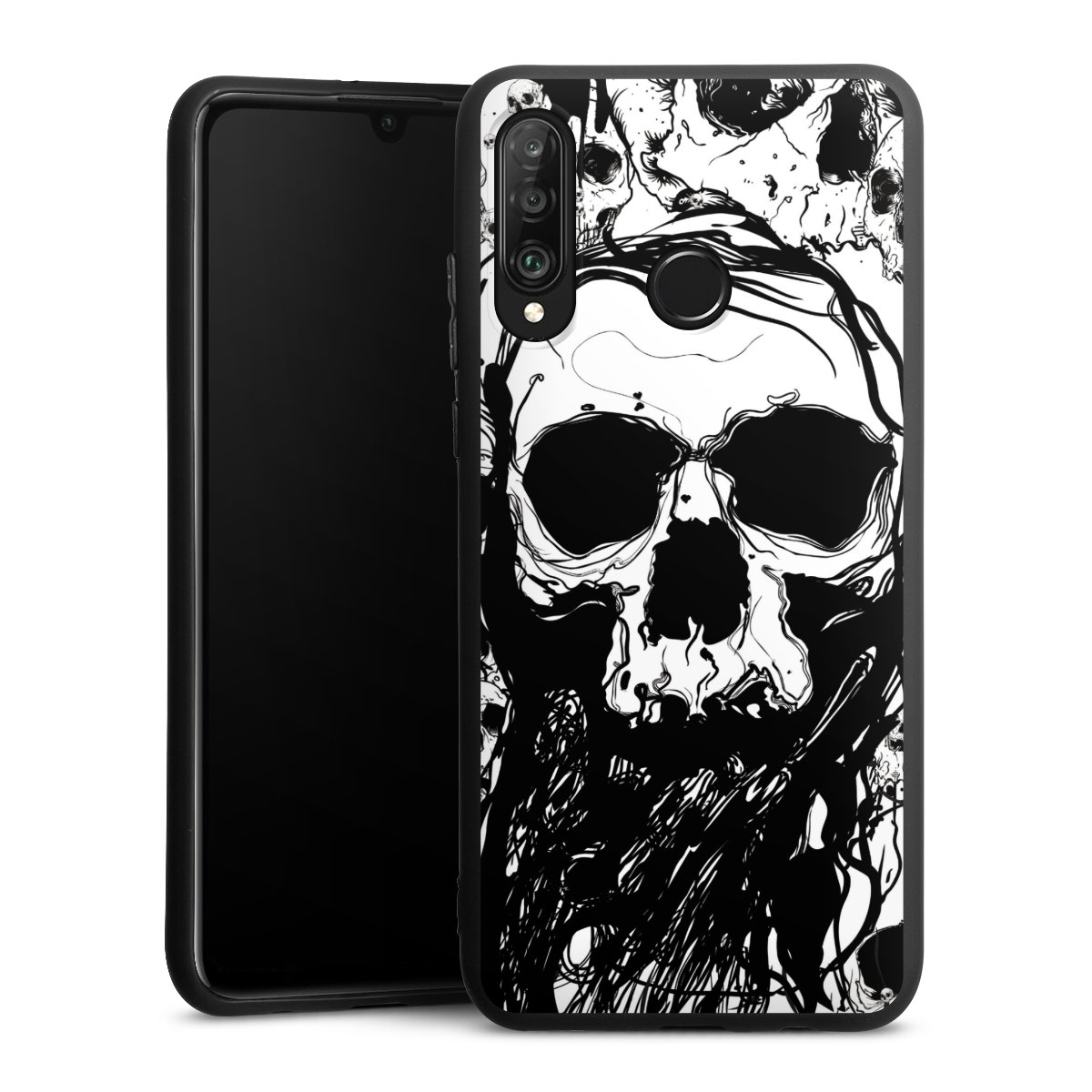 Huawei P30 Lite Handy Premium Silikon Hülle Handyhülle schwarz Case Totenkopf Halloween Silikon Premium Case