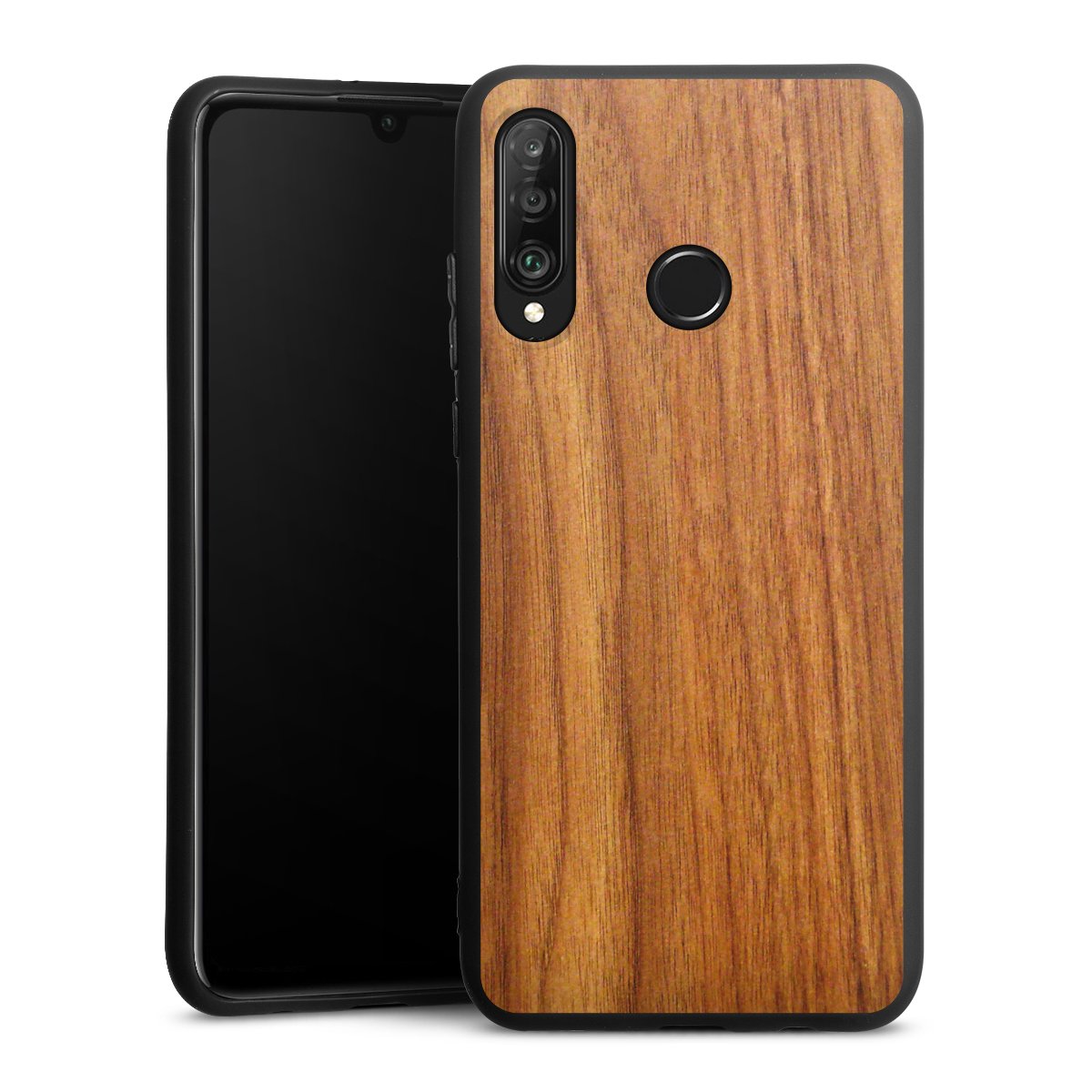 Huawei P30 Lite Handy Premium Silikon Hülle Handyhülle schwarz Case Wood Larch Wooden Look Silikon Premium Case