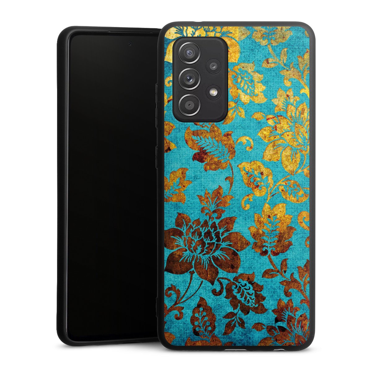 Galaxy A52 5G Handy Premium Silikon Hülle Handyhülle schwarz Case Ornament Vintage Flowers Silikon Premium Case