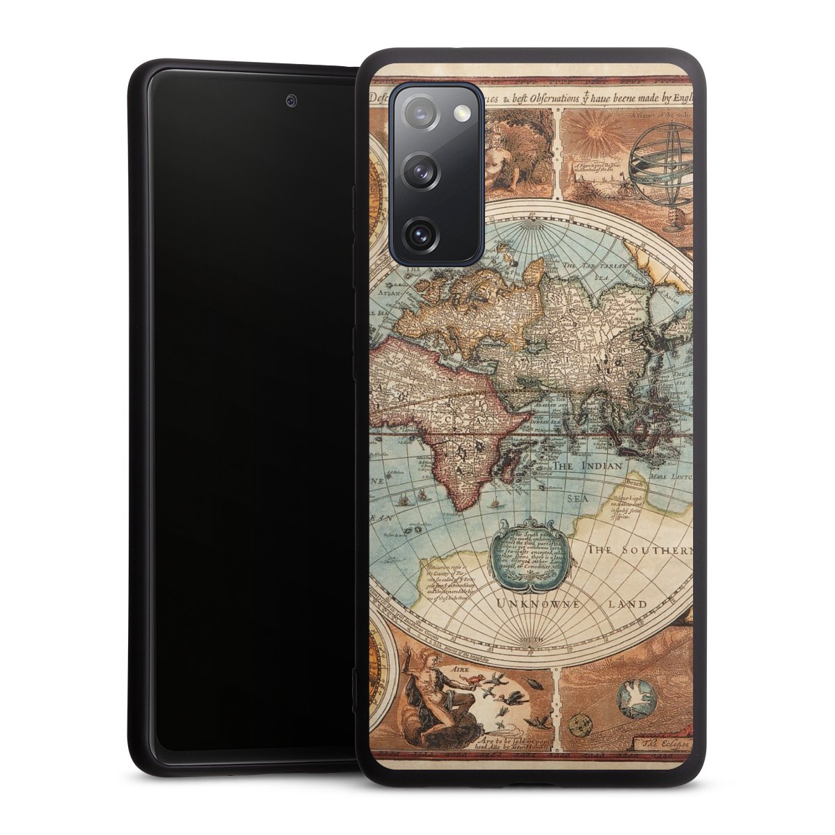 Galaxy S20 FE Handy Premium Silikon Hülle Handyhülle schwarz Case World Map Vintage Map Silikon Premium Case