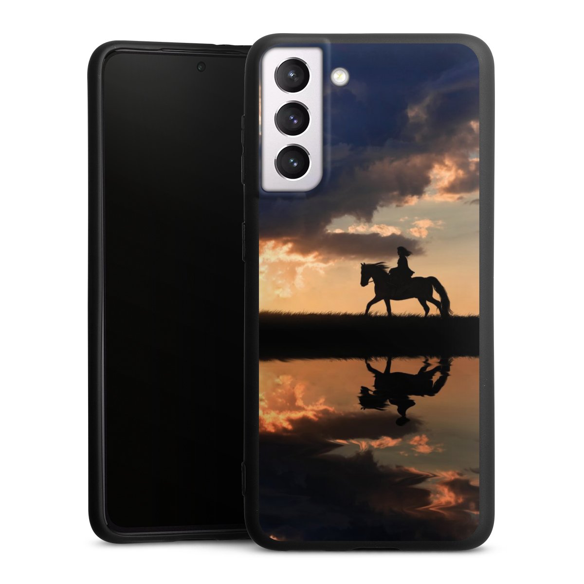 Galaxy S21 5G Handy Premium Silikon Hülle Handyhülle schwarz Case Horse Sunset Horseback Riding Silikon Premium Case