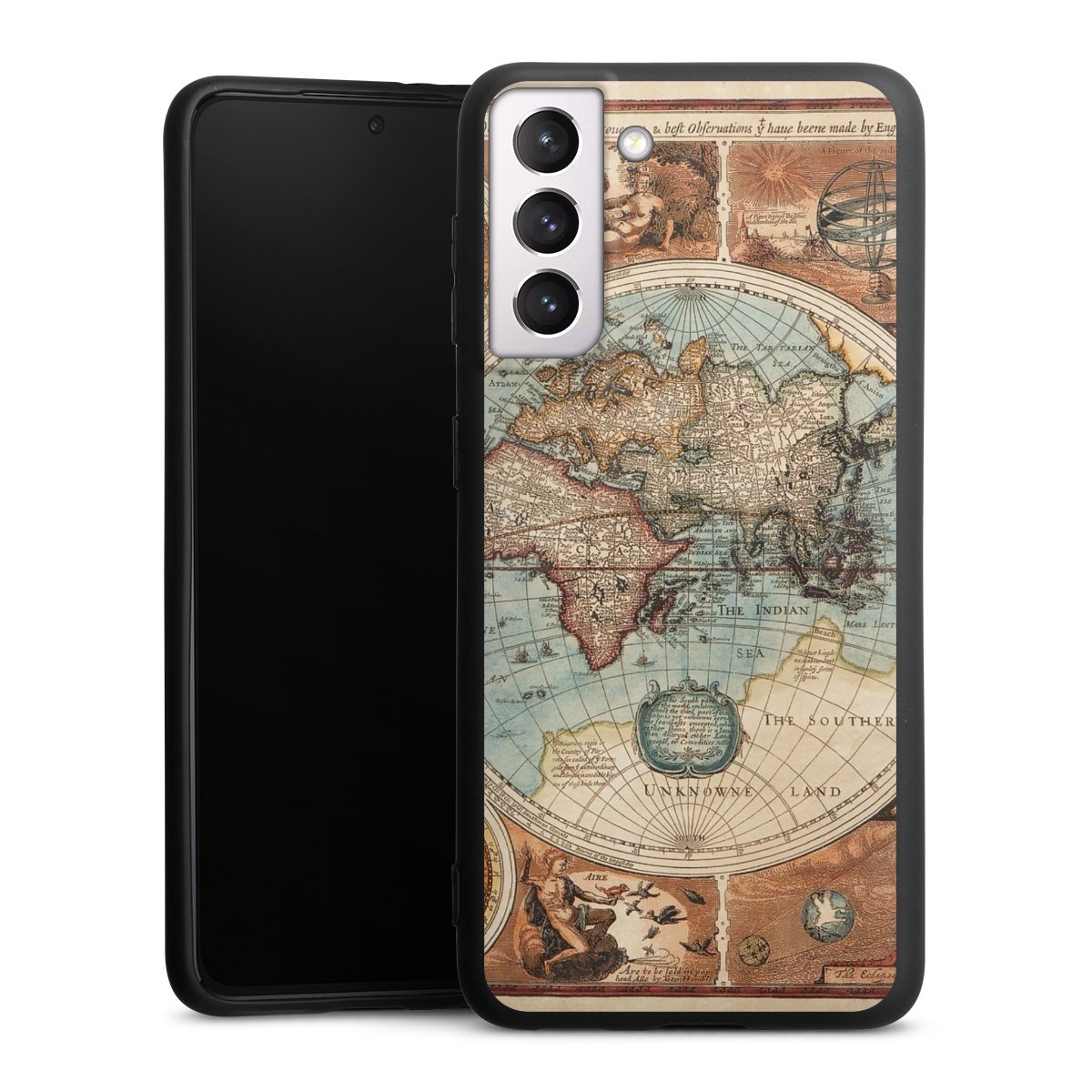 Galaxy S21 5G Handy Premium Silikon Hülle Handyhülle schwarz Case World Map Vintage Map Silikon Premium Case