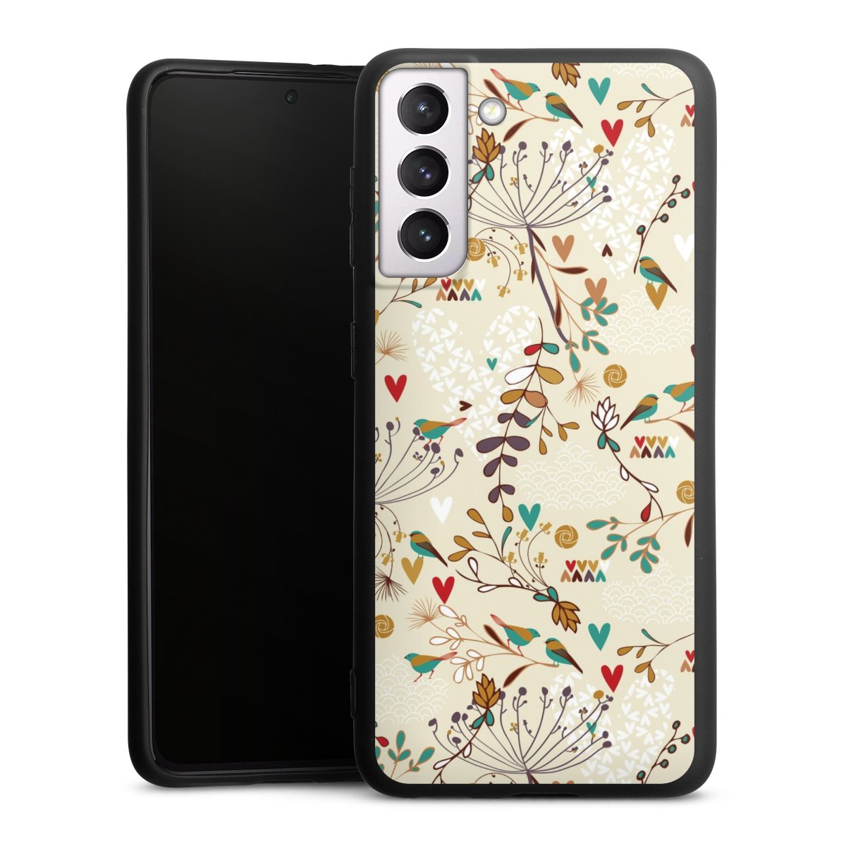 Galaxy S21 5G Handy Premium Silikon Hülle Handyhülle schwarz Case Bird Flowers Retro Silikon Premium Case