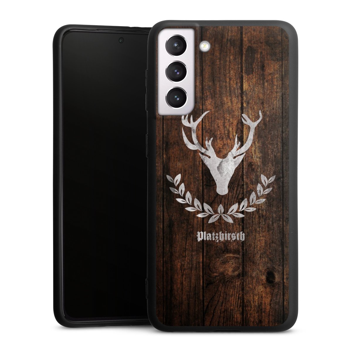 Galaxy S21 5G Handy Premium Silikon Hülle Handyhülle schwarz Case Deer Wood Wooden Look Silikon Premium Case