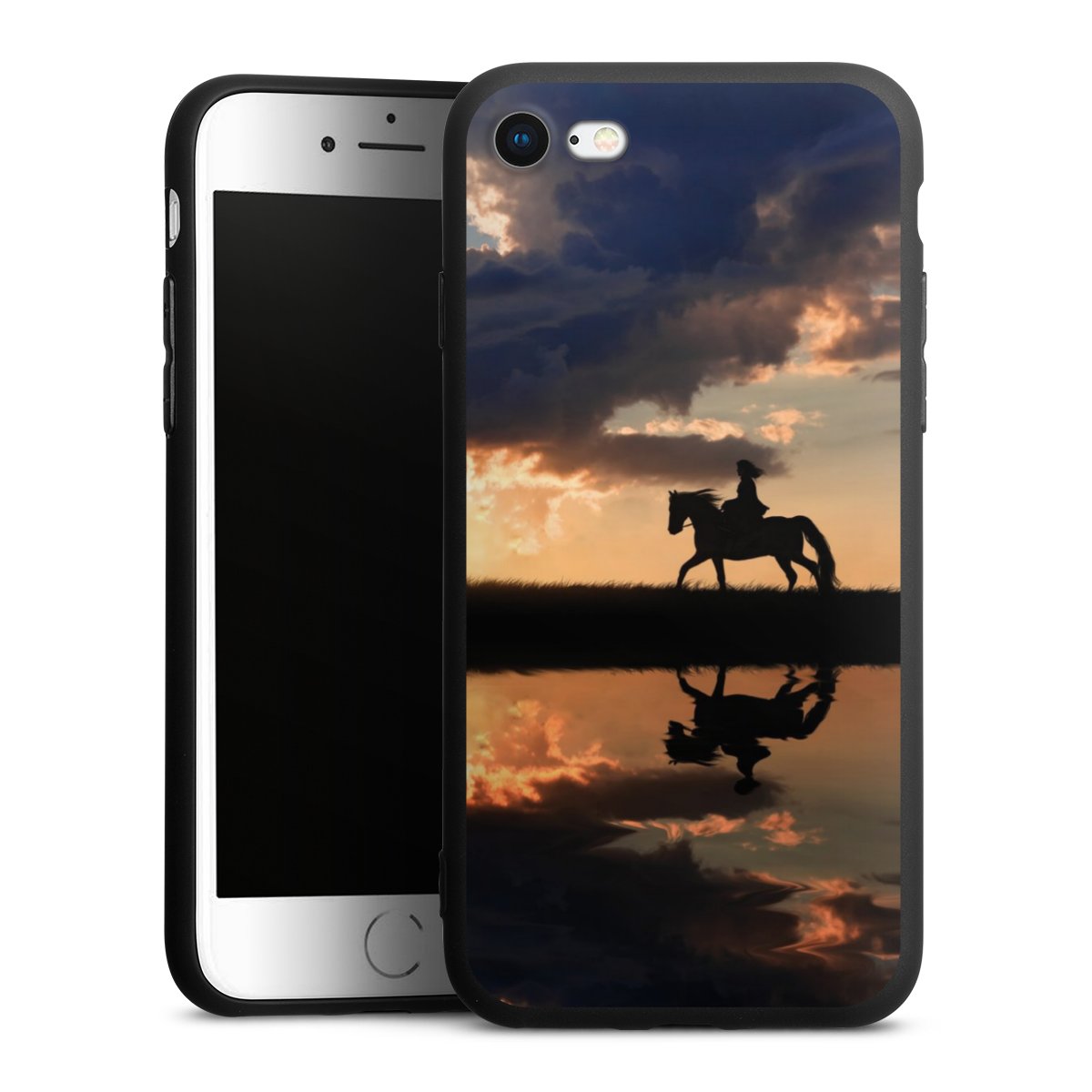 iPhone SE (2020) Handy Premium Silikon Hülle Handyhülle schwarz Case Horse Sunset Horseback Riding Silikon Premium Case