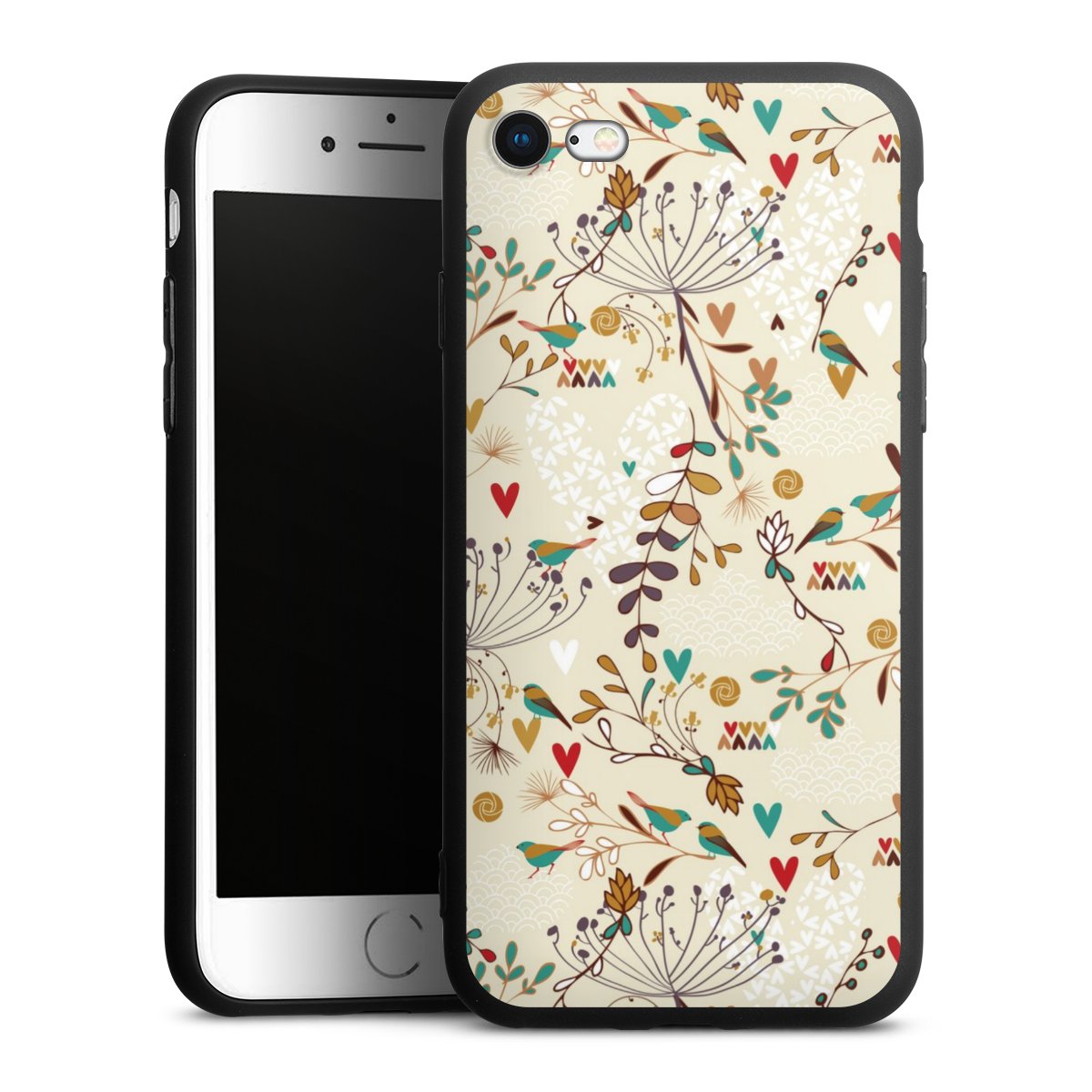 iPhone SE (2020) Handy Premium Silikon Hülle Handyhülle schwarz Case Bird Flowers Retro Silikon Premium Case