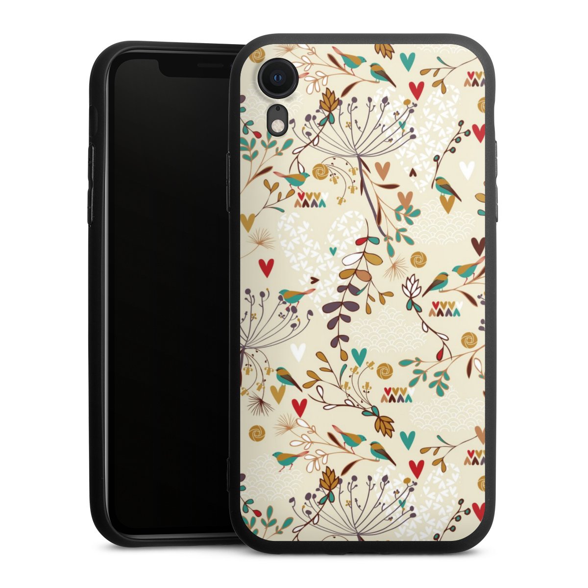 iPhone Xr Handy Premium Silikon Hülle Handyhülle schwarz Case Bird Flowers Retro Silikon Premium Case