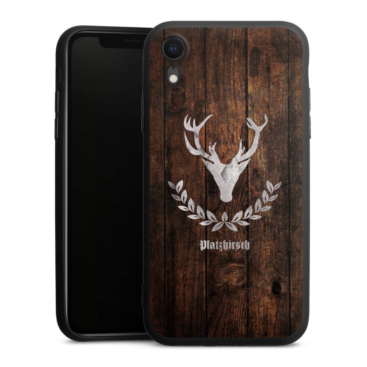 iPhone Xr Handy Premium Silikon Hülle Handyhülle schwarz Case Deer Wood Wooden Look Silikon Premium Case