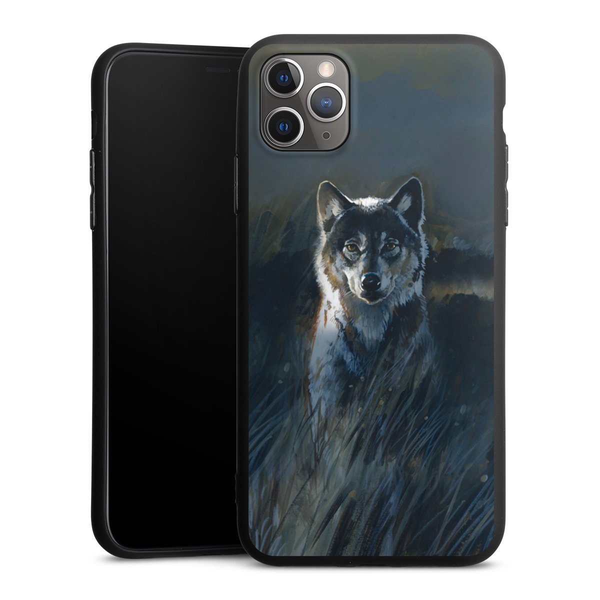 iPhone 11 Pro Max Handy Premium Silikon Hülle Handyhülle schwarz Case Nature Wolf Painting Silikon Premium Case