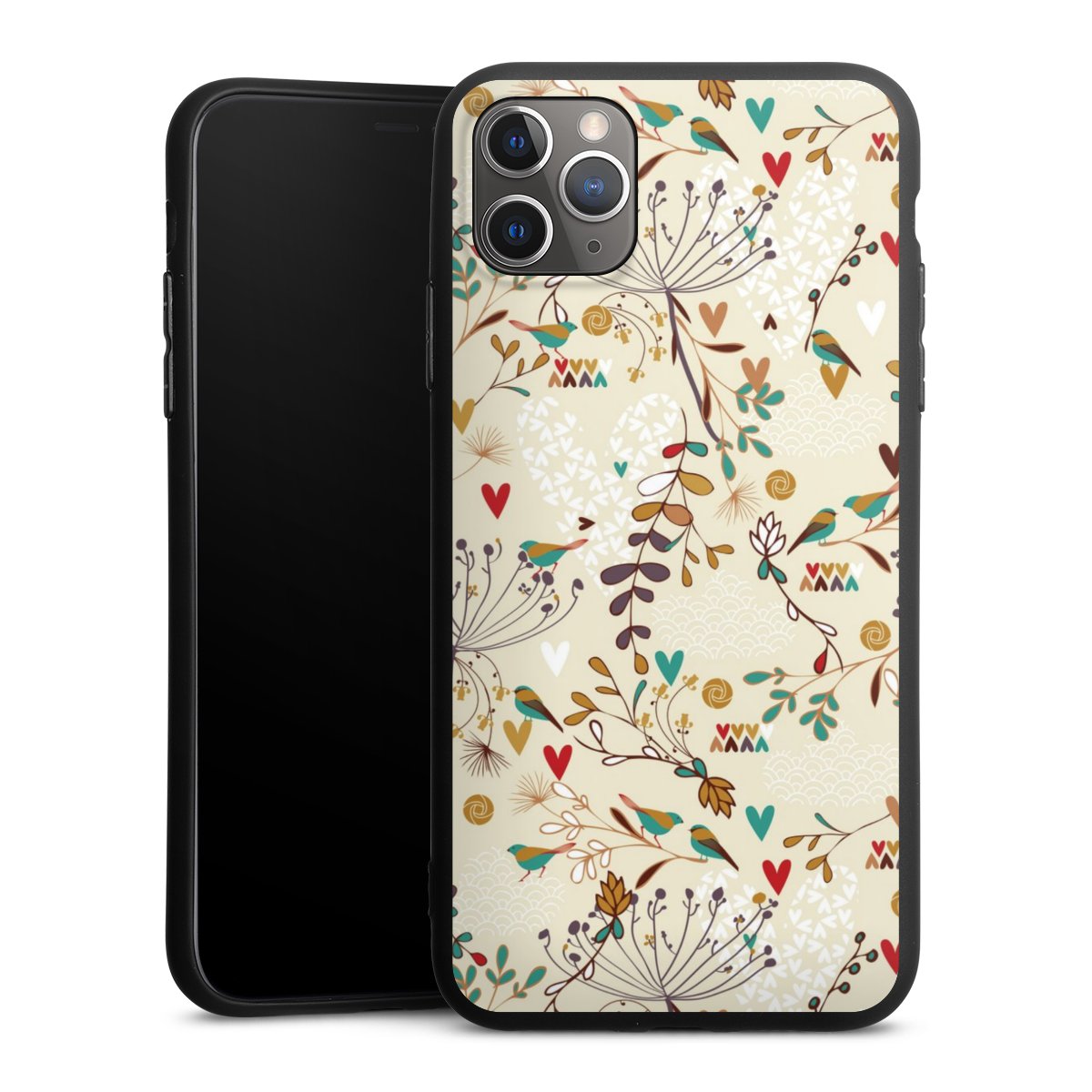 iPhone 11 Pro Max Handy Premium Silikon Hülle Handyhülle schwarz Case Bird Flowers Retro Silikon Premium Case