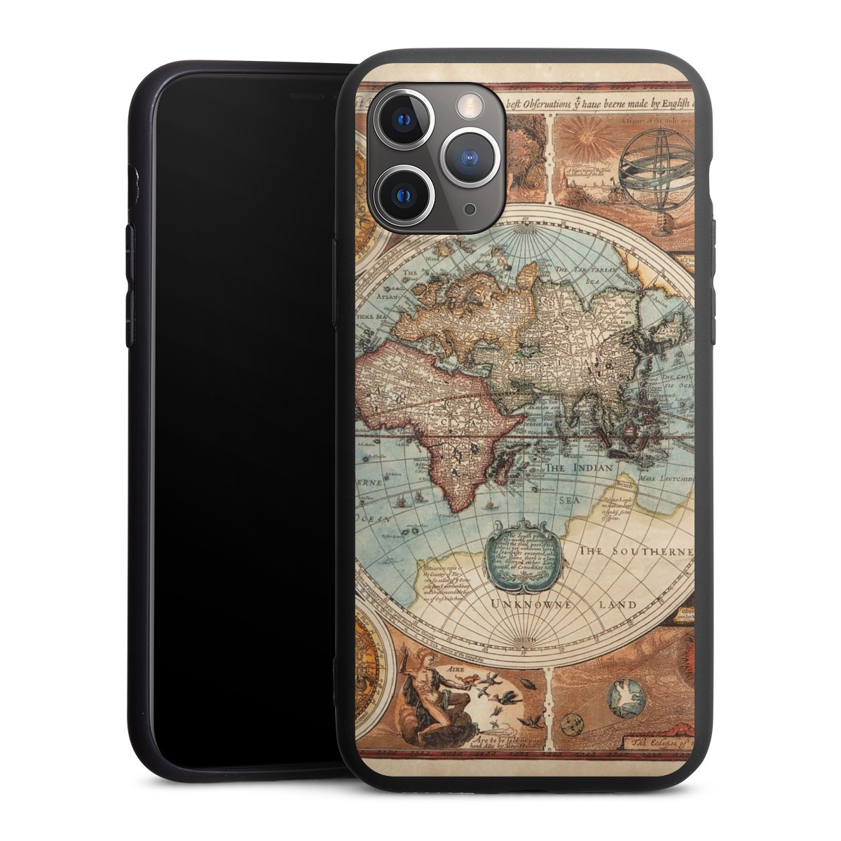 iPhone 11 Pro Handy Premium Silikon Hülle Handyhülle schwarz Case World Map Vintage Map Silikon Premium Case