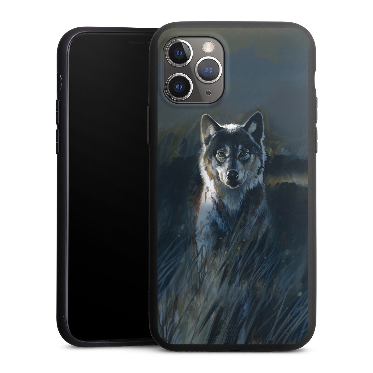 iPhone 11 Pro Handy Premium Silikon Hülle Handyhülle schwarz Case Nature Wolf Painting Silikon Premium Case