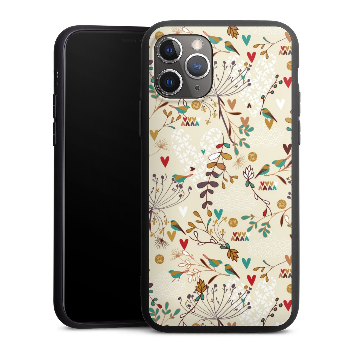 iPhone 11 Pro Handy Premium Silikon Hülle Handyhülle schwarz Case Bird Flowers Retro Silikon Premium Case