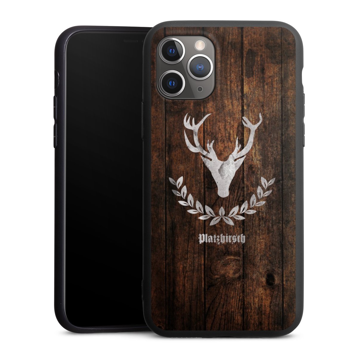 iPhone 11 Pro Handy Premium Silikon Hülle Handyhülle schwarz Case Deer Wood Wooden Look Silikon Premium Case