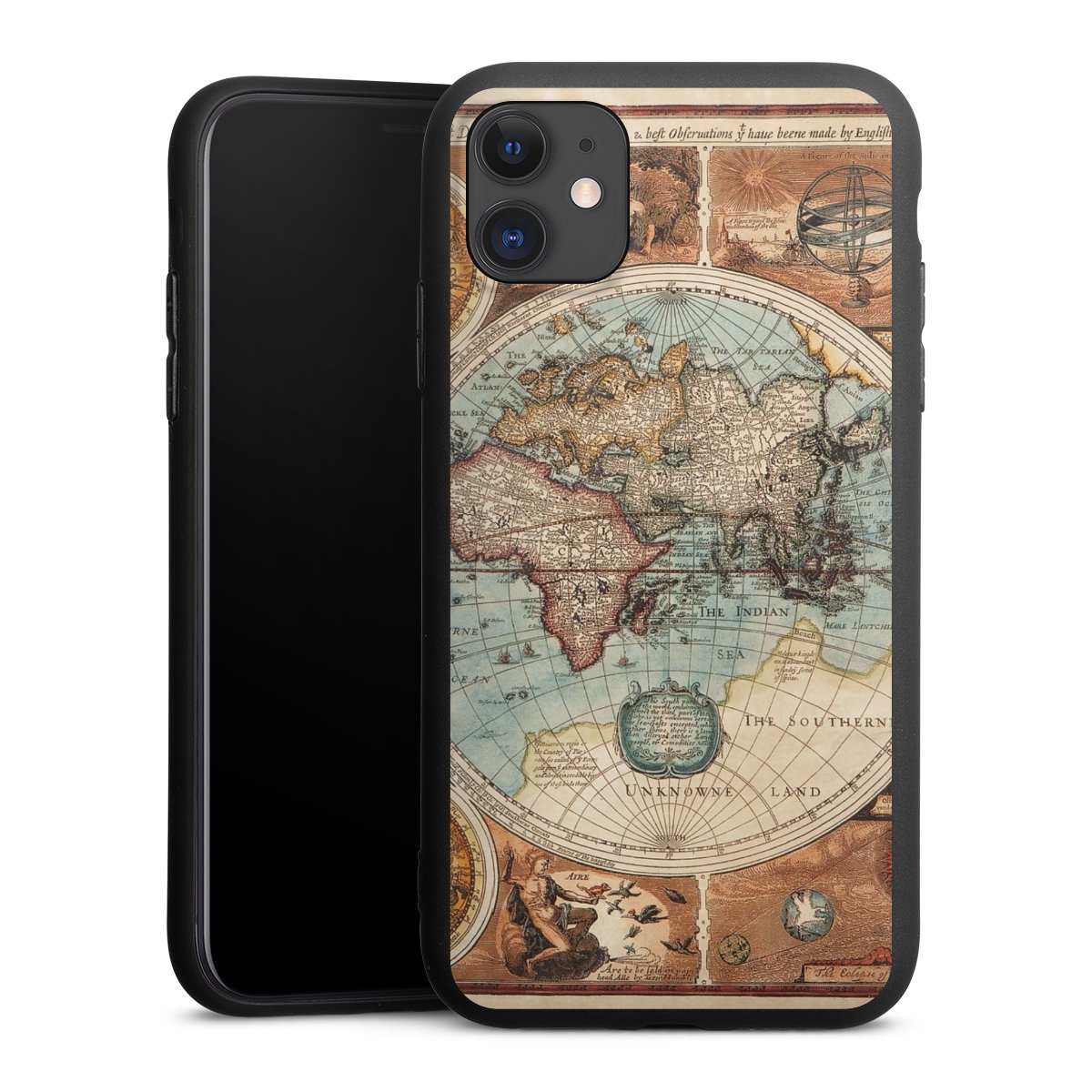 iPhone 11 Handy Premium Silikon Hülle Handyhülle schwarz Case World Map Vintage Map Silikon Premium Case