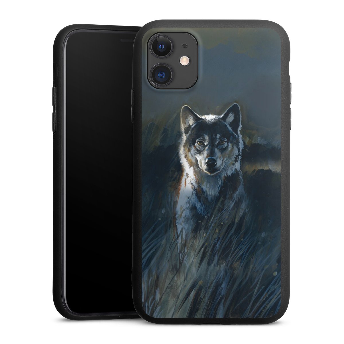 iPhone 11 Handy Premium Silikon Hülle Handyhülle schwarz Case Nature Wolf Painting Silikon Premium Case